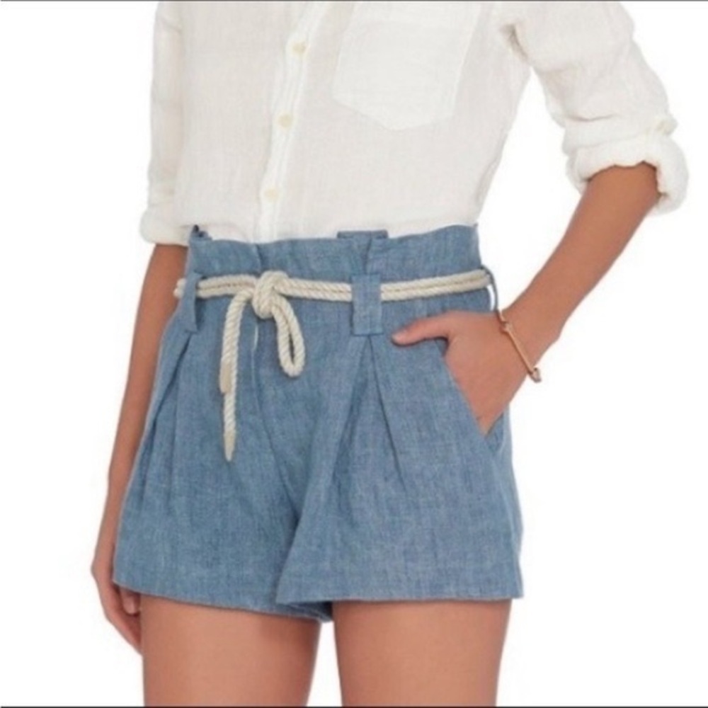 L'Agence Paperbag Denim Linen Rope Tie Shorts